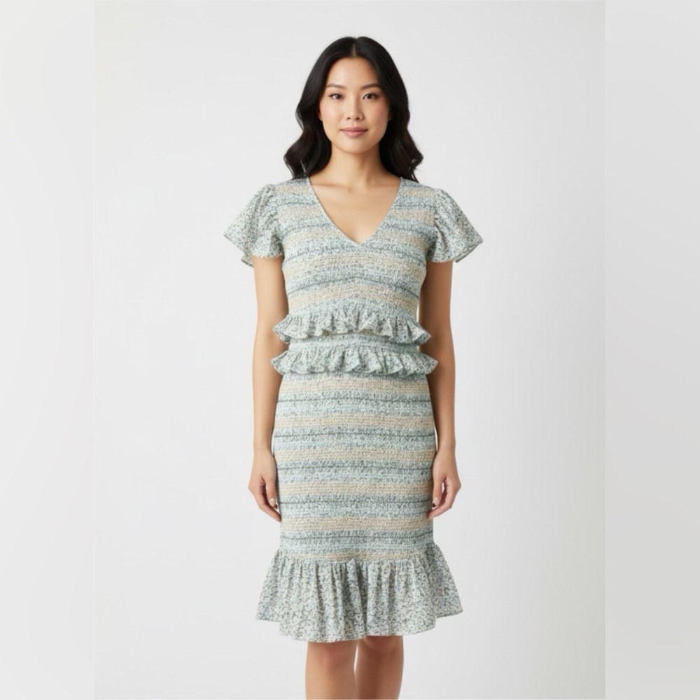 NEW Reset by Jane Floral Print Smocked Ruffle Dress in Mint Sz S